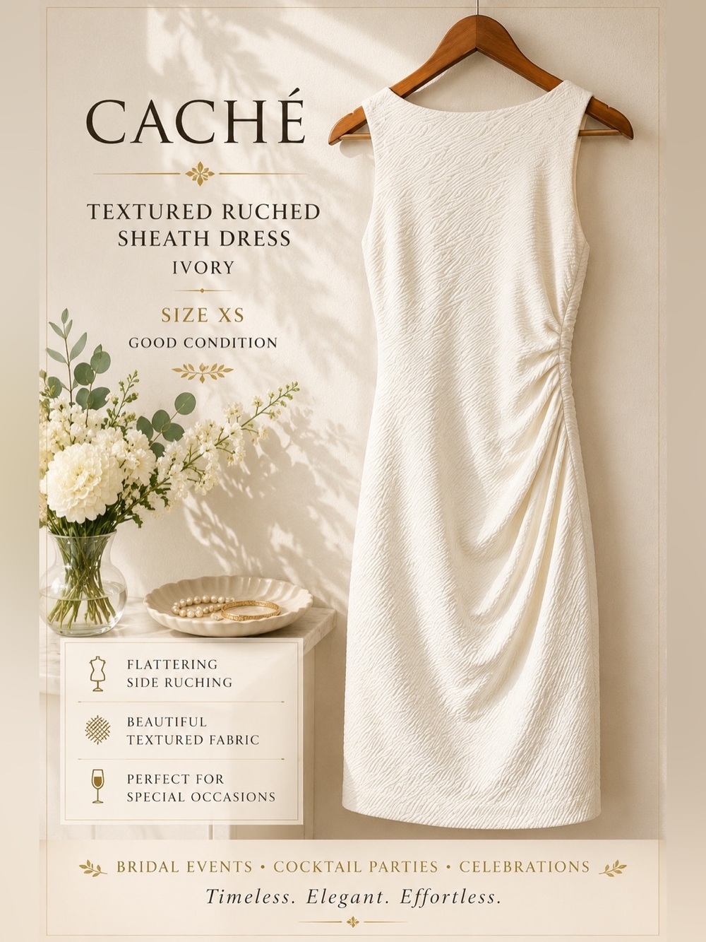 Caché Textured Ruched Sheath Dress Ivory XS